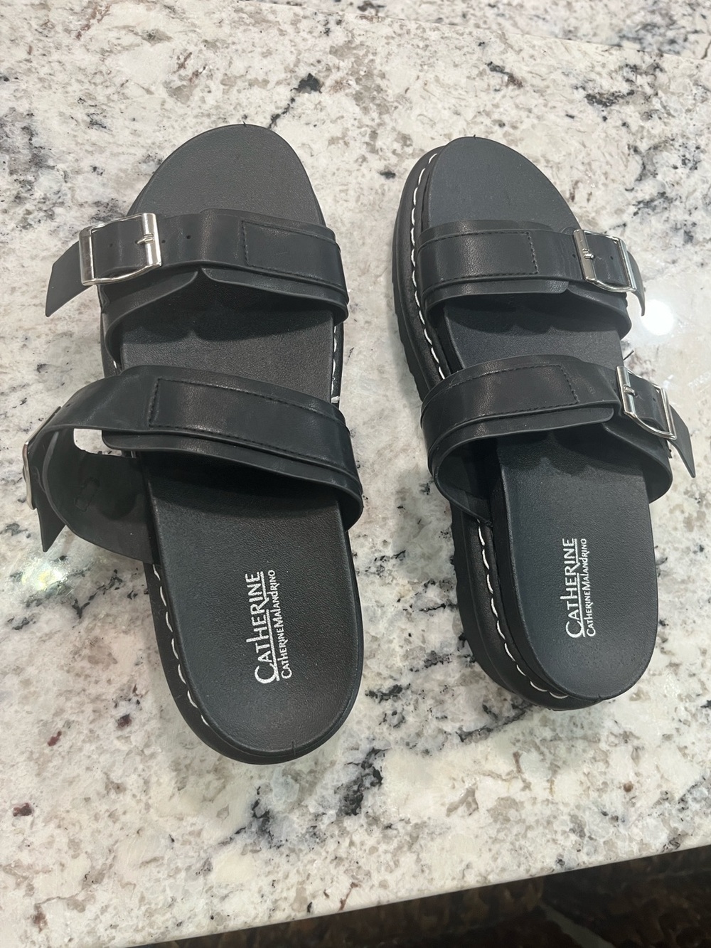 Catherines Black Double Buckle Slide Sandals